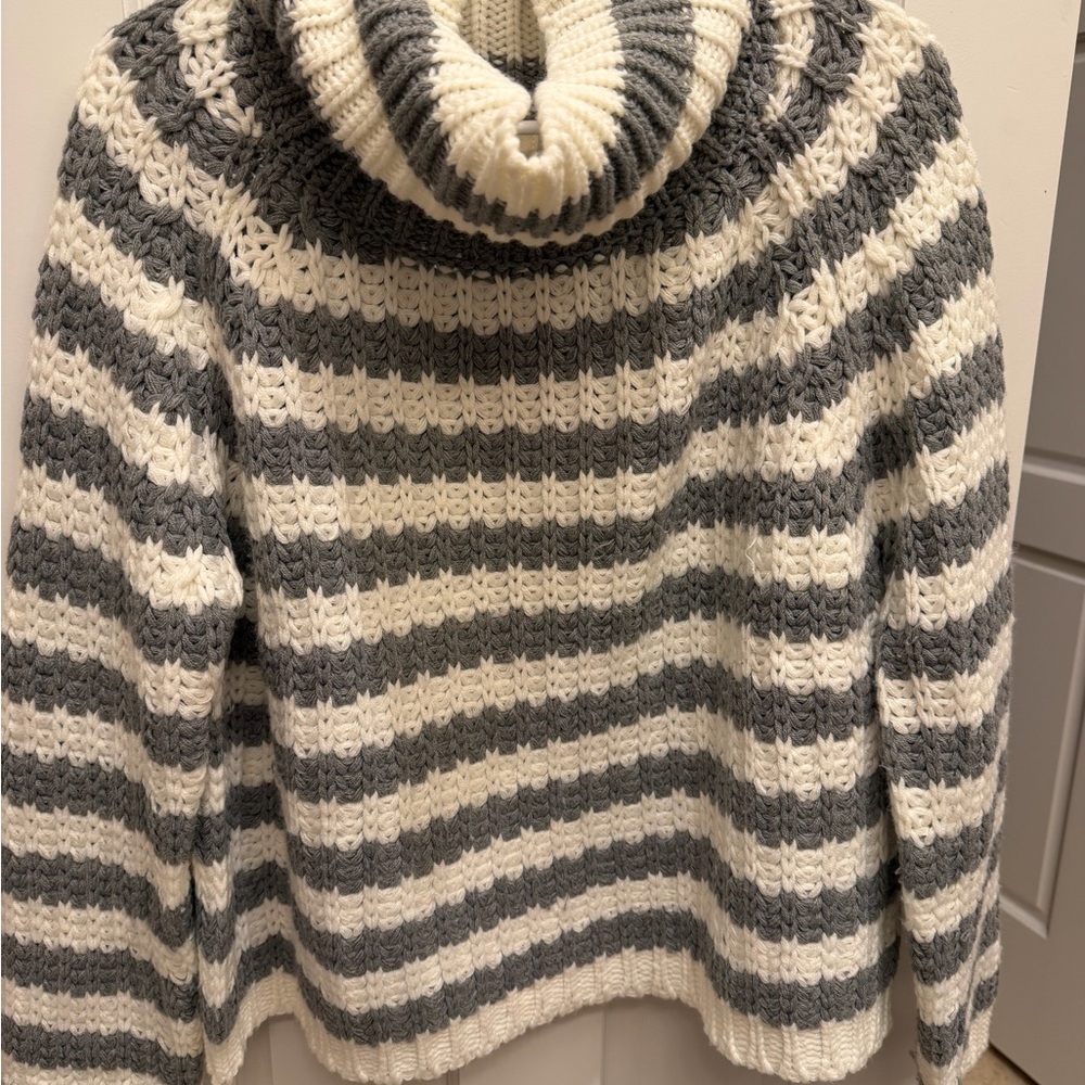 Elan Cream and Gray Striped Cowl Neck Sweater